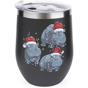 Leuke Kerst Nijlpaarden Met Kerstman Hoeden 12oz Wijn Tumbler Met Deksel Rvs Cup Dubbelwandige Vacuüm Geïsoleerde Koffie Mok