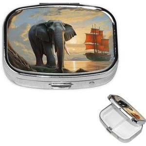 Vierkante pillendoos draagbare metalen pillenetui 2 compartimenten kleine reizen pillenorganisator olifant kijk op de zeilboot vitamines houder organizer voor portemonnee zak