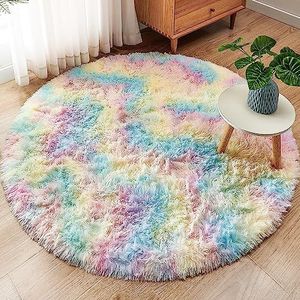 ROHATIM Slaapkamertapijt, rond, pluizig tapijt voor woonkamer, moderne woonkamer, meisjes, zacht en pluizig tapijt voor de slaapkamer, kindermat (regenboog, 150 cm, rond)