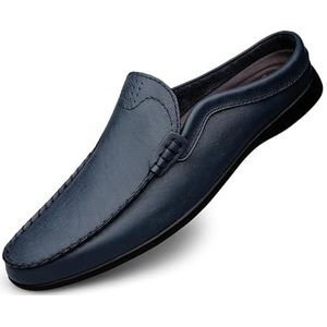 Heren loafers effen kleur ronde neus PU lederen halve loafers schoenen platte hak antislip comfortabele bruiloft slip-ons(Color:Blue,Size:37 EU)