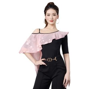 Tytyozay Vrouwen Ballroom Latin Dans Bodysuit, Off-Shoulder Chiffon Cape-stijl Eendelig met Bloemenborduurwerk Elegante Ruffle Oefenoutfit met 3/4 Mesh Mouwen Danskleding,Roze,L