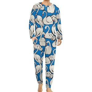 Zwaan vogels blauwe comfortabele herenpyjama-set met ronde hals en lange mouwen, loungewear met zakken, L