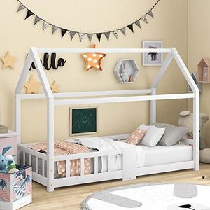 Aunvla Kinderbed, huisbed, 90 x 200 cm, houten bed voor kinderkamer, incl. lattenbodem, valbeveiliging, van grenenhout, wit (zonder matras)