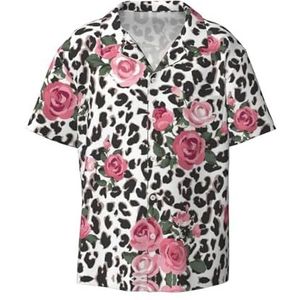 OdDdot Leuke Roze Rose Mix Luipaard Patroon Print Heren Jurk Shirts Atletische Slim Fit Korte Mouw Casual Business Button Down Shirt, Zwart, L