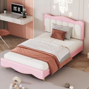 Aunvla Kinderbed, gestoffeerd bed, 90 x 200 cm, PU-leer, schattig meisjesbed met lattenbodem roze (matras niet inbegrepen)