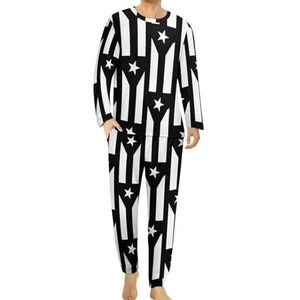 Puerto Rico vlag zwart-wit comfortabele heren pyjama set ronde hals lange mouwen loungewear met zakken 2XL