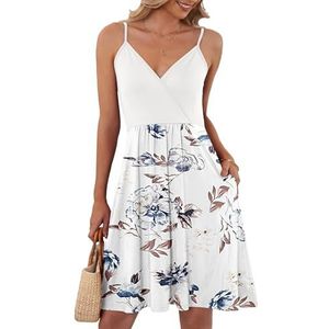 AUSELILY zomerjurk dames spaghettiband V-hals casual jurk strandjurk met zakken Bloemen Wit L