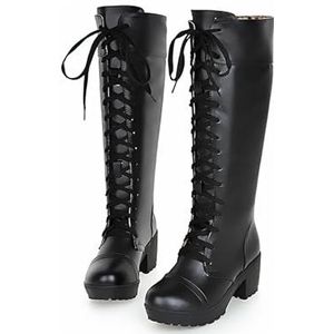 Winterlaarzen Hoge Dameslaarzen Met Blokhak, Platformlaarzen Met Lange Schacht Klassieke Veterlaarzen PU Leren Motorlaarzen Warme, Met Pluche Gevoerde Snowboots Elegante Feestschoenen (Color : Black