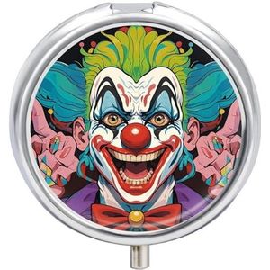 Clowns Pillendoos, draagbare pillenorganizer met 3 compartimenten en kleine spiegel, reispillendoosje voor zak of portemonnee, ronde medicijnorganizer, decoratieve vitamine-organizer