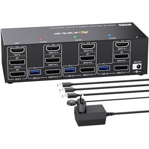 KVM Switch 3 PC 3 monitoren 8K @60Hz 4K @144Hz, Triple Monitor HDMI + 2 Displayport KVM-switch voor 3 pc's, 3 monitoren en 4 USB 3.0-apparaten, met 12 V DC-voeding, bekabelde afstandsbediening en 3