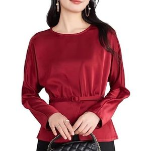 ROUZIHU Chiffon Shirt Dames Tops Slim Fit Blouse Ronde Hals Lange Mouwen Dames Taille Kort Shirt(Rosso,XXL)