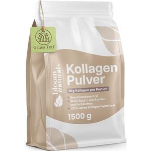 Grassgevoerd collageen poeder, 1500 g (1,5 kg), hooggedoseerd en smaakneutraal collageen hydrolysaat poeder, peptide type 1 & 3, collageen peptide, gevuld en getest in Duitsland