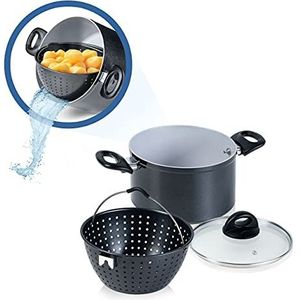 Genius Cerafit Magic Pot Kookpannenset, 20 cm, pan 3,7 l, met zeef en glazen deksel voor eenvoudig koken, draaien, stomen en serveren van de pasta, pastamachine voor alle warmtebronnen, A24661, zwart