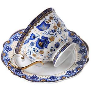 fanquare Koffiemok en schotel uit bone china blauwe bloemen, vintage porseleinen theekop, 200 ml