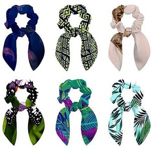 6 stuks haarscrunchies - Boheems groen boho haar sjaal scrunchy met lint strik, elastische haarbanden paardenstaart houders voor vrouwen, tienermeisjes