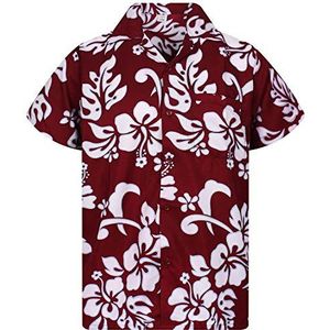 V.H.O. Hawaïhemd standaard fit heren korte mouwen voorzak funky bloemen bloemen hibiscus unisex, Hibiscus Maroon Rood, M