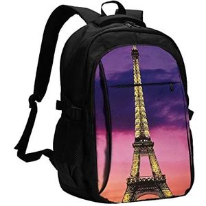 Paarse Eiffeltoren Gedrukt Reizen Rugzak Laptop Rugzakken Zakelijke Werk Tas Met USB Opladen Poort, Zwart, One Size