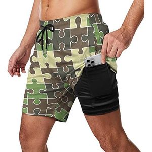 Puzzel Camouflage Zwembroek voor heren, sneldrogend, 2-in-1 strandsportshorts met compressieliner en zak
