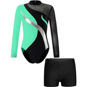 Turnpakje met lange mouwen, skaterbodysuit voor meisjes, glanzend patchwork turnpakje met shorts, danskledingsets voor danswedstrijden (Mint Groen Zwart, 4)