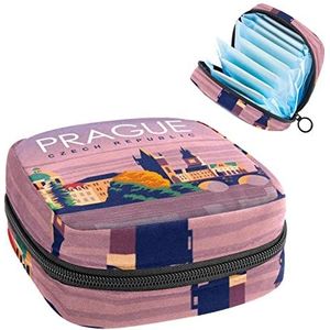 Maandverband Opbergtas,Draagbare maandverband Opbergzak,Praag Travel Poster Patroon, Meerkleurig, 4.7x6.6x6.6 in/12x17x17 cm