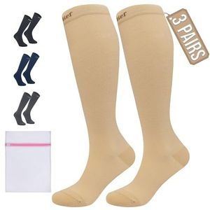 360 Relief 3 Paar Compressiesokken Dammes en Herren - Effen Kleuren Compressiekousen voor Sport, Hardlopen, Vliegen, Reizen, Joggen, Fietsen, Werk - Beige L/XL Kniehoge sokken met Mesh Waszakje