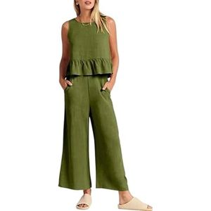 Dames zomer casual 2-delige set linnen ronde hals mouwloos ruches crop tops wijde pijpen broek lounge trainingspak set (XL,leger groen)