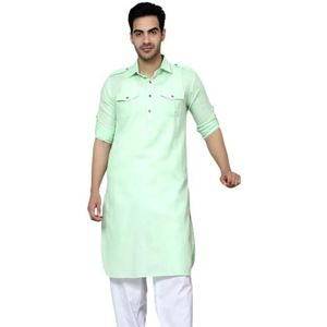 Lakkar Haveli Heren Indiaas traditioneel lichtgroen shirt Kurta bruiloft feestkleding grote lange witte pyjama broek set jam katoen (Large), Groen, L