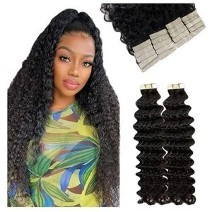 Onzichtbare tape-ins voor een natuurlijke uitstraling en volume, zwarte kunstpruik, diepe golf, met haarverlenging, damespruik, afneembare haarverlenging, band voor dagelijks gebruik (40 cm)