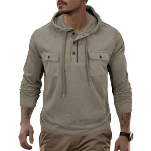 Heren dunne hoodies, lange mouwen, sweatshirts met trekkoord, lichtgewicht pullovers met knoopjes en zak(Apricot,3XL)