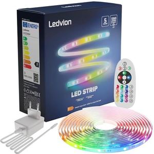 Ledvion Dimbare LED-strip 5M, RBG, 24V, 13W, Plug & Play, Incl. afstandsbediening, Instelbare kleurtemperatuur, 60 LED's/m, ingekort tot 20cm, 2 jaar garantie, Zonder 2 AAA-batterijen
