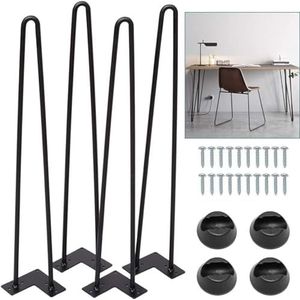 Set van 4 industriële haarspeldmeubelpoten, 10 mm diameter, zwart, zwaar uitgevoerd, 2 staven, doe-het-zelf meubelpoten for tafel, kast, stoel, bank, meubel - schroeven en vloerbeschermer inbegrepen(S