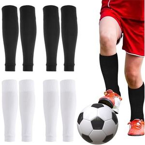 4 Paar beenmouwen voor herenvoetbal, voetloze voetbalsokken, voetbal been mouwen, halfhoge voetbalsokken, elastische ademende voetbalsokken, geschikt voor voetbal, basketbal enz. (wit + zwart)