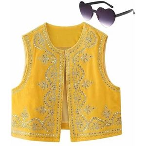 Dames bloemen geborduurd vest top, mouwloos open voorkant cropped blouse vintage vest(Color:Yellow,Size:L)