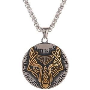 Noordse Fenrir Ketting Voor Mannen - Viking Rune Keltische Knoop Wolf Hoofd Hanger Roestvrijstalen Ketting - Handgemaakte Gepolijste Vintage Odin Wolf Dierlijke Amulet Heidense Sieraden (Color : Gold