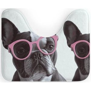 DWTJKMS Franse bulldog roze glazen badmatten-U-vorm sneldrogende badkamermat absorberend vlekbestendig badtapijt antislip toiletmat voor ovale toiletbasis