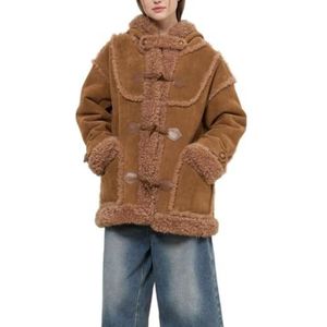 LoprNsdgt Dames Oversized Retro Fleece Gevoerd Elegante Midi Lange Faux Suède Winterjas Met Capuchon,Bruin,L