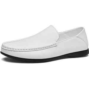 Heren loafers schoen effen kleur leer ronde neus loafer schoenen comfortabel lichtgewicht flexibel feest bruiloft instapper (Color : White, Size : 39 EU)