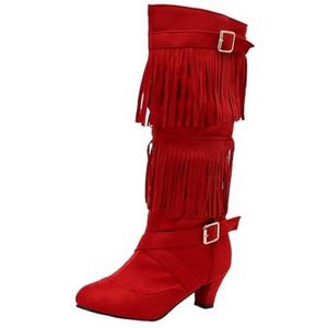 2025 Halfhoge Laarzen for Winter Dames Suède Laarzen Met Franjes Retro Middeleeuwse Enkellaarsjes Met Hak Comfortabele Brede Buis Instapschoenen Hoge Hakken for Buiten, Feestjes(Red,43 EU)