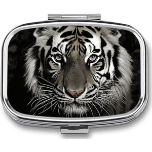 Zwart en wit tijgerpillenetui met 2 compartimenten, pillenorganizer, draagbare vierkante pillendoos, vitaminepillenorganizer voor zakportemonnee en reizen