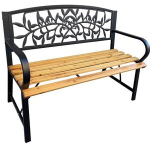 AKORD REO Tuinbank met gelakt hout en gietijzeren poten, zitbank voor buiten, weerbestendig, outdoor houten bank, tuinbanken met armleuning, breedte 118 cm, zwart