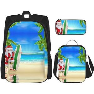 TyEdee School Bag Set: Rugzak met Lunchbox, Pencil Case - Stijlvolle Duurzame School Rugzak Set -Engeland Symbolen, Kerstman met het strand en surfplank, Eén maat, Schooltas Set