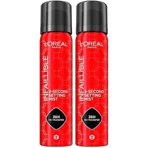 L'Oréal Paris Infaillible Setting Spray voor Gezichtsmake-up 3-Second Setting Mist 36H No-Transfer Waterdicht Lichtgewicht Sneldrogende Formule Bestand Tegen Zweet en Water - 2 Flessen van 75ml