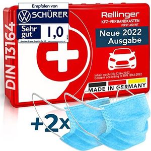 Rellinger® Verbanddoos van hard plastic voor de auto, 2024, getest voor HU, incl. gezichtsmaskers, volledige EHBO-set voor in de auto, DIN 13164 gecertificeerd, made in Germany, voldoet aan het Duitse
