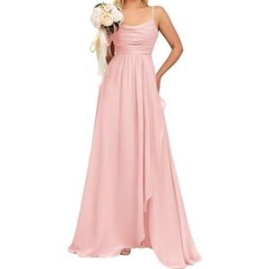 Prinses Bruidsmeisjes Jurken Spaghetti Bandjes Galajurken Chiffon Formele Avondfeest Maxi Jurk met Split ZM192, Blush Roze, 32