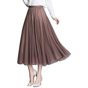 ANIMQUE Damesrok, lang, tule, midi-rok, hoge taille, geplooid, elastisch, prinses, elegant, party, bruiloft, rok, Bruin, 32 NL/42 NL