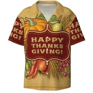 OdDdot Happy Thanksgiving print heren button down shirt korte mouw casual shirt voor mannen zomer business casual overhemd, Zwart, 3XL