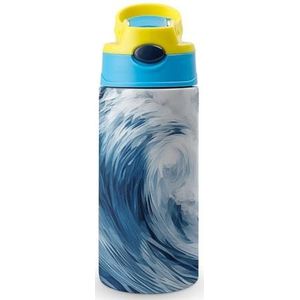 FZMVSQH Roestvrijstalen reisbeker waterfles blauwe golf kunst bedrukte vacuüm geïsoleerde waterfles - 12 oz - met rietje handvat en lekvrije pop-up tuit deksel