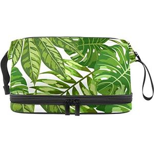 Groene Palm Leave Makeup Bag Double Layer Ruime Cosmetische Zakken voor Vrouwen en Meisjes Reizen Draagbare Toiletry Pouch met Rits, Meerkleurig, 27x15x14 cm/10.6x5.9x5.5 in, Make-up zakje