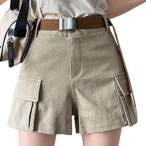 OHERUWKLS Dames Zomer Elastische Hoge Taille Katoenen Multi Pocket Denim Shorts met Riem,Geel,L