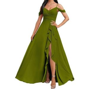 HPPEE Koude Schouder Bruidsmeisjes Jurken met Split Ruches A-lijn Chiffon Formele Avondfeestjurk, Rood, 32
